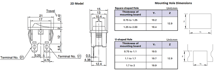 2D Model of SPST ON OFF Rocker Switch With Mounting Dimensions