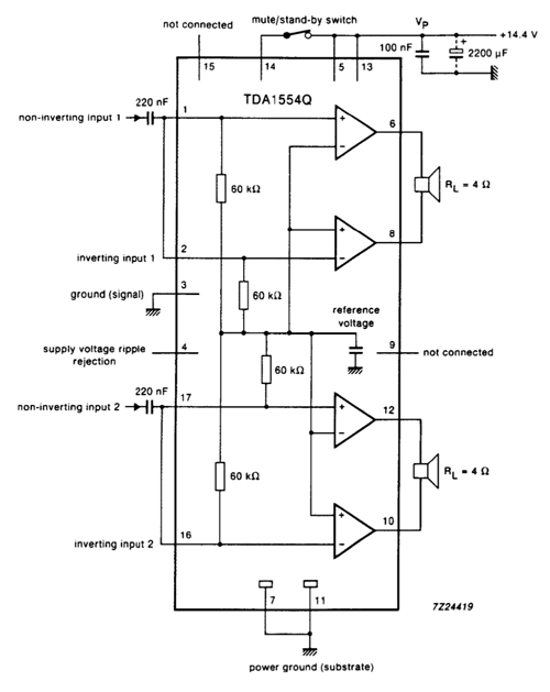 2x22 Watt Stereo Audio Power Amplifier Circuit