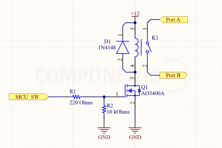 AO3400A MOSFET low-side switching circuit diagram showing Arduino or ESP32 GPIO connected through a gate resistor, with a 10k pull-down resistor and flyback diode for inductive loads