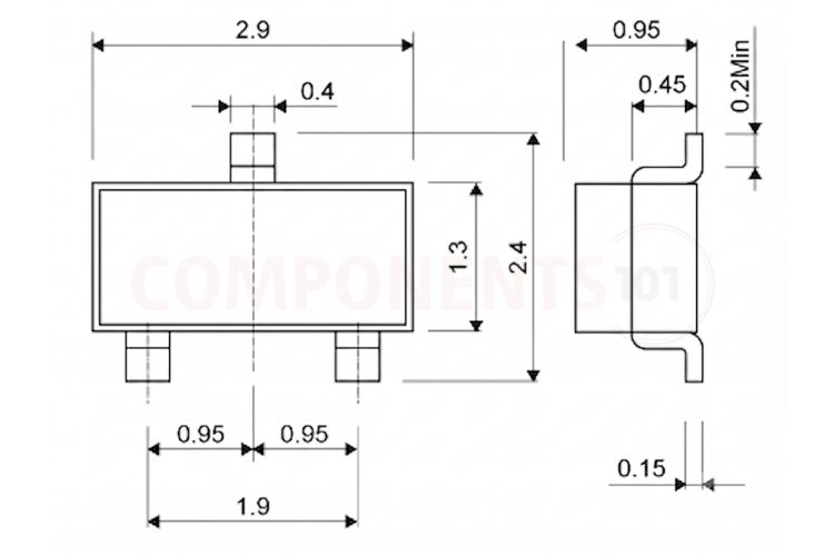 AO3400A SOT-23-3L package mechanical drawing showing body length, width, height, lead pitch and land pattern dimensions for PCB footprint design