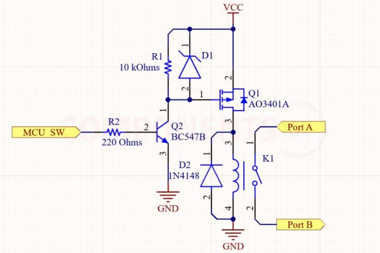 AO3401A MOSFET High-Side Switching Circuit Schematic with NPN Driver and Pull-Up Resistor