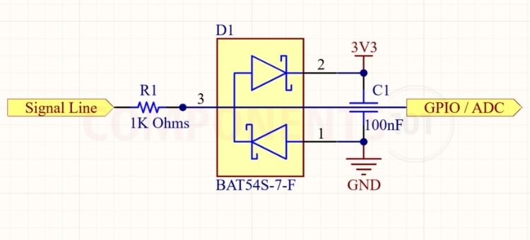 BAT54S Microcontroller GPIO and ADC Overvoltage Clamping Circuit Schematic