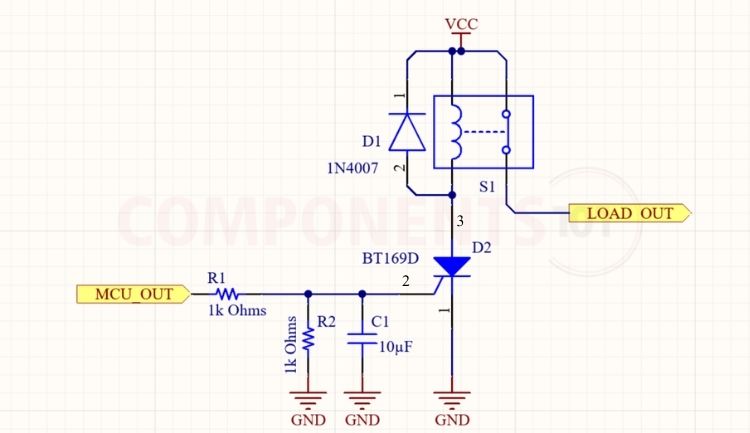 BT169 circuit diagram: DC latching switch and 12 V relay driver with flyback diode and reset button