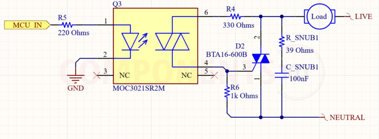 BTA16 opto-isolated AC mains power switching circuit schematic with MOC3021 MOC3041 driver, microcontroller logic, and RC snubber