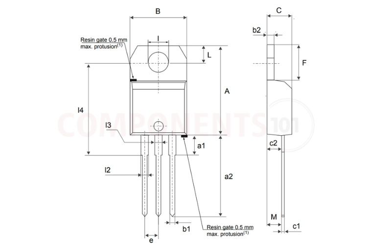 BTA16 TO-220AB insulated package mechanical dimensions and PCB mounting footprint diagram in millimeters