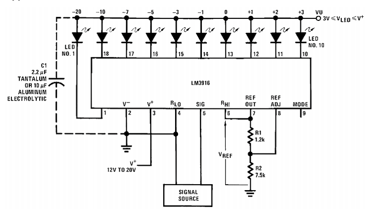 Basic Circuit of LM3916 Dot/Bar Display Driver 