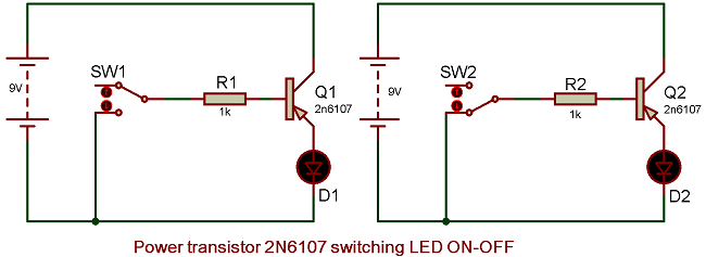 Circuit Diagram 2N6107 PNP transistor as Switch