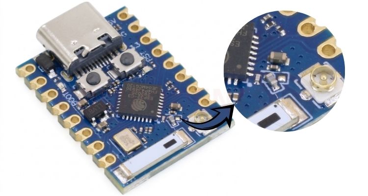 ESP32-C3 Pro Mini board showing antenna switch jumper for external IPEX antenna setup