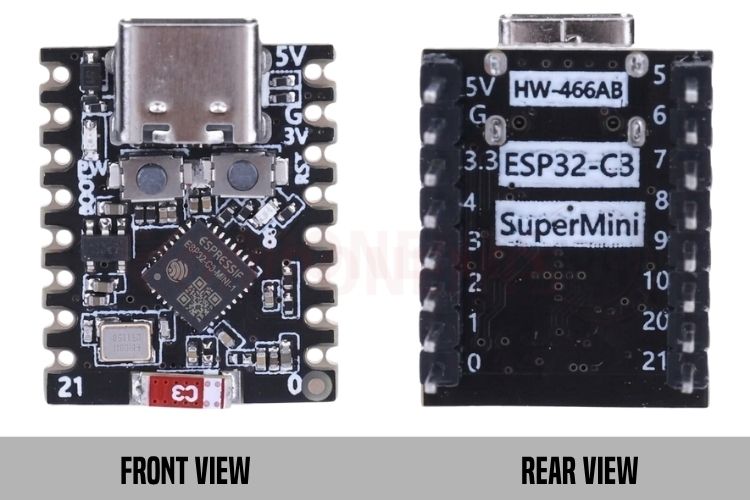 ESP32-C3 Super Mini development board front and back view showing USB-C port and antenna