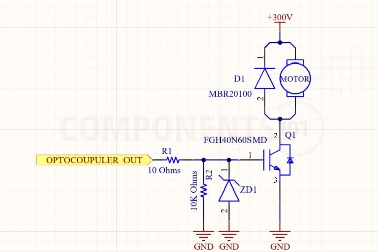 FGH40N60SMD circuit diagram: low-side 300V DC load switching with TLP250 isolated gate driver, 15V gate supply and clamp diode FGH40N60SMD circuit diagram: low-side IGBT switch driven by an isolated gate driver with a 15 V gate rail and clamp diode.