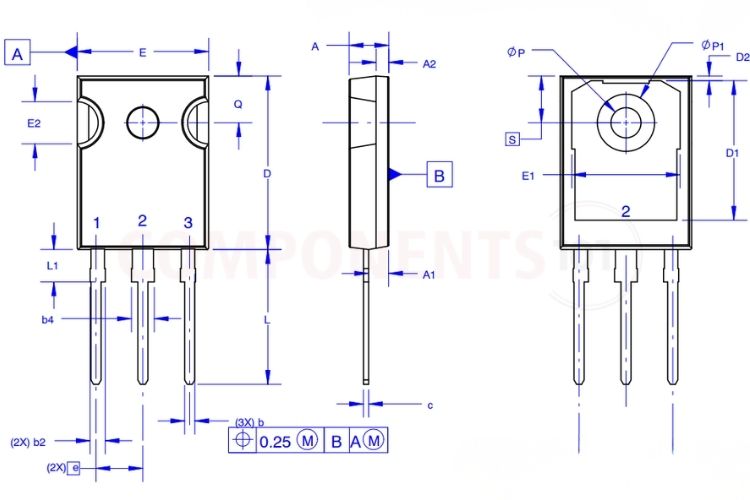 FGH40N60SMD TO-247-3LD package dimension drawing (onsemi Case 340CK) with measurements in millimetres FGH40N60SMD TO-247-3LD (Case 340CK) mechanical outline, dimensions in millimetres.