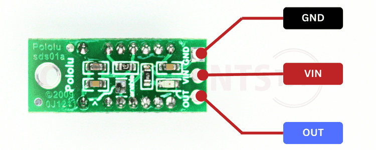 GP2Y0D80Z0F sensor module pinout diagram showing VIN, GND, and OUT pin connections for Arduino interface