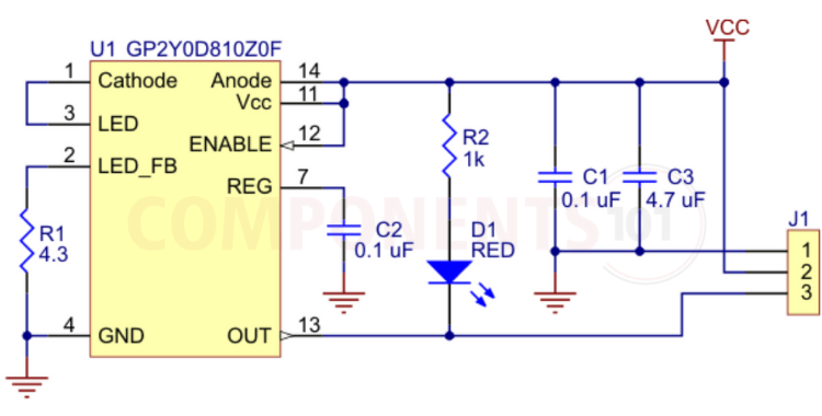 GP2Y0D80Z0F sensor module schematic diagram showing internal circuit components and connections