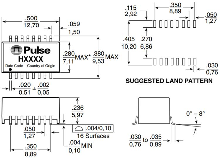 H1102NL Pulse Transformer Dimensions