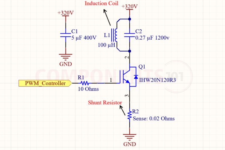 H20R1203 single-ended quasi-resonant induction cooktop inverter schematic showing work coil, resonant capacitor, and gate driver circuit