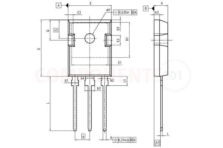 Infineon H20R1203 PG-TO247-3 package mechanical dimensions and PCB hole footprint drawing in millimeters