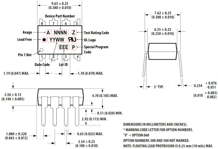 HCPL3120 Optocoupler Dimensions