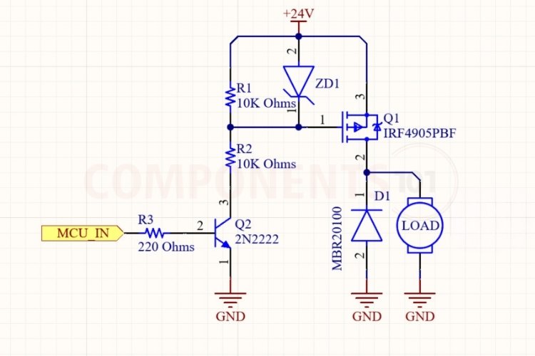 IRF4905 P-channel power MOSFET high-side DC power switching circuit schematic with NPN level shifter, Zener clamp, and flyback diode
