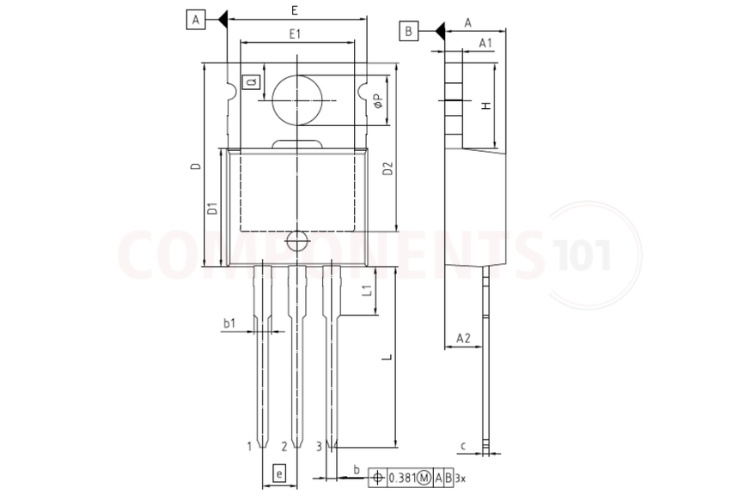IRF4905 TO-220AB power MOSFET mechanical package outline dimensions and PCB mounting footprint diagram in millimeters