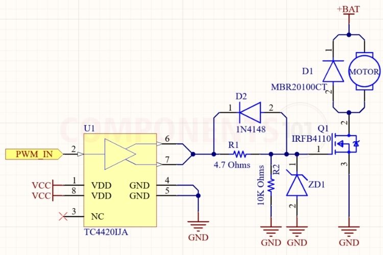 IRFB4110 48V to 72V DC motor PWM driver circuit schematic with TC4420 6A gate driver, gate clamping, and flyback protection
