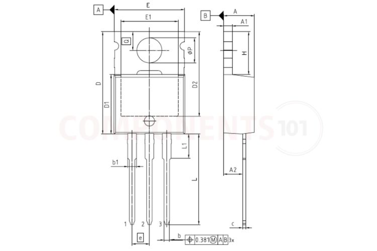 IRFB4110 TO-220AB package mechanical dimensions and PCB footprint outline drawing conforming to PG-TO220-3-U05 in millimeters
