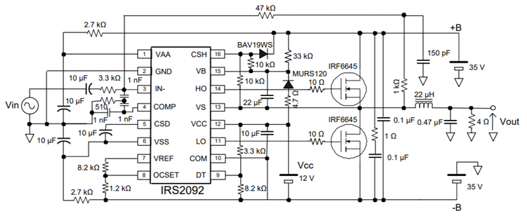 Sample IRS2092 Audio Amplifier IC Circuit Diagram