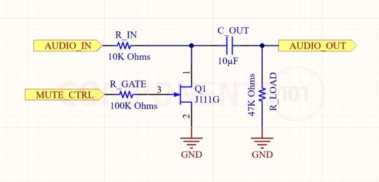 J111 JFET circuit diagram for pop-free audio muting, showing a 10 µF coupling capacitor, 10 kΩ series resistor and J111 shunt switch to ground J111 audio muting circuit: the JFET shunts the signal to ground when the control line is at 0 V.