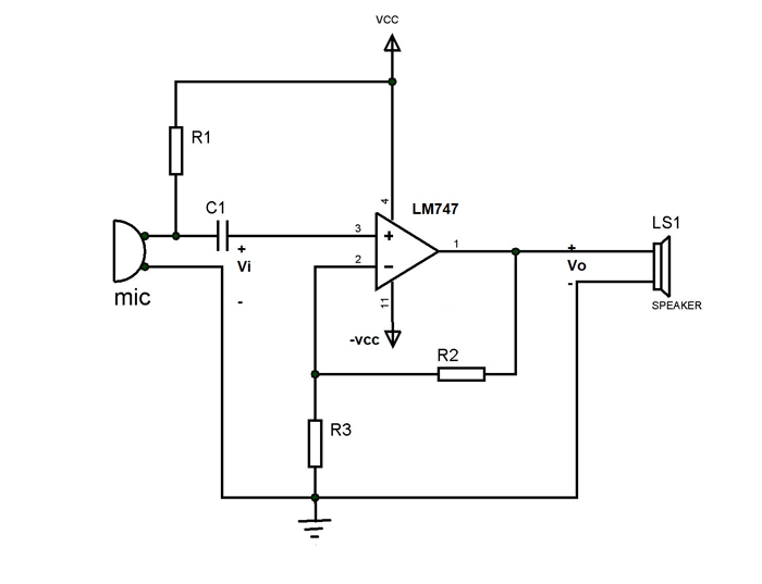 LM747 Mic pre-amplifier circuit