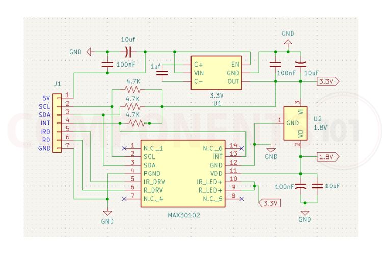 MAX30102 Module Schematic Diagram showing voltage regulators, I2C pull-up resistors, LED connections, and photodetector circuit