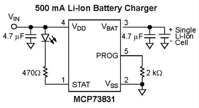 MCP73831 application circuit diagram