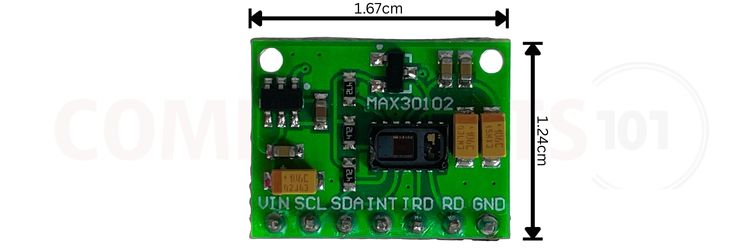MAX30102 sensor module dimensions showing length, width, mounting holes, and component placement