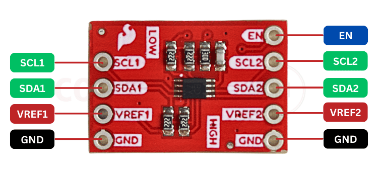 PCA9306 module pinout diagram showing pin configuration for I2C bus voltage level shifting
