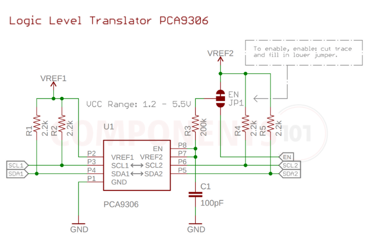PCA9306 schematic diagram showing I2C bus voltage level translator circuit design