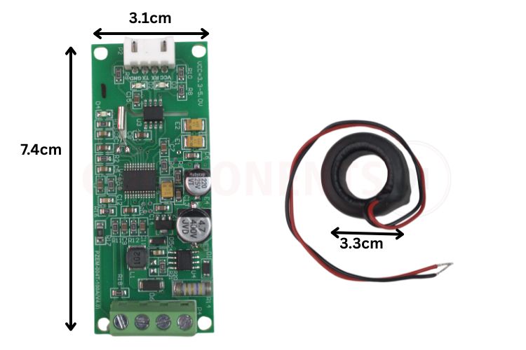 PZEM-004T dimensions showing PCB module size 74mm x 31mm and CT clamp inner diameter 33mm with detailed measurements