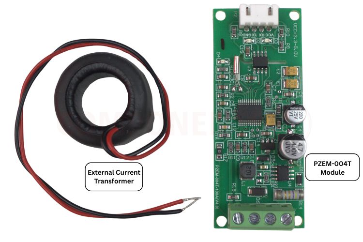 PZEM-004T module connected with external CT current transformer clamp showing proper installation around live wire