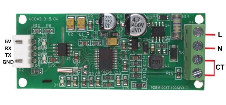 PZEM-004T pinout diagram showing VCC, GND, TX, RX, L, N, and CT terminals with labeled connections