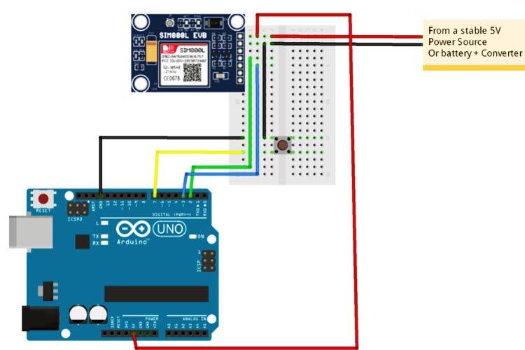 Arduino SIM800L GSM Module Circuit Connections Diagram