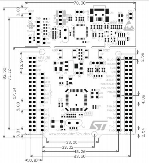 STM32 Nucleo-F401RE Dimensions