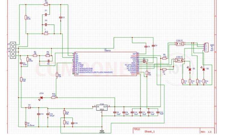 PZEM-004T schematic circuit diagram showing voltage divider, CT input, energy metering IC, isolation, and UART interface connections