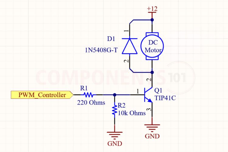TIP41C circuit diagram for a DC motor driver with PWM input, base resistor and flyback diode