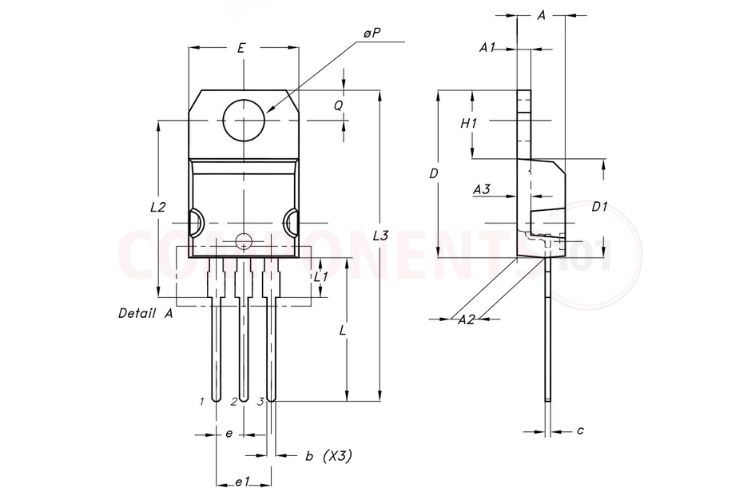 TIP41C TO-220 package dimensions and mounting hole footprint in millimeters TIP41C TO-220 package outline with dimensions in millimeters.