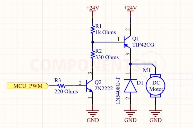 TIP42C PNP power transistor high-side load switching circuit schematic with NPN level shifter and microcontroller PWM control