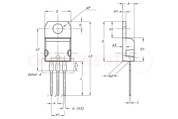 TIP42C TO-220 package mechanical dimensions and PCB mounting hole footprint diagram in millimeters