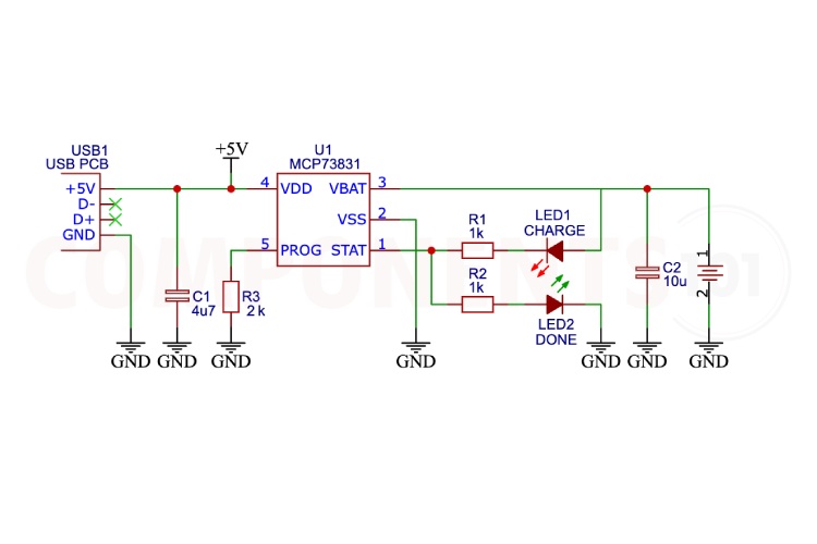 MCP73831T Li ion battery charger ic circuit