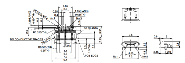 micro USB B Jack Dimensions