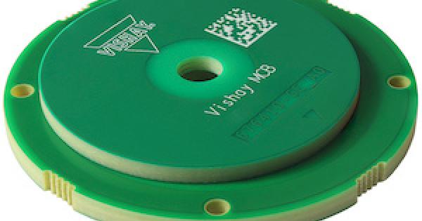 Vishay Intertechnology RAIK045I MP inductive position sensor encoder kit with a 45mm diameter, showing the rotor and stator…