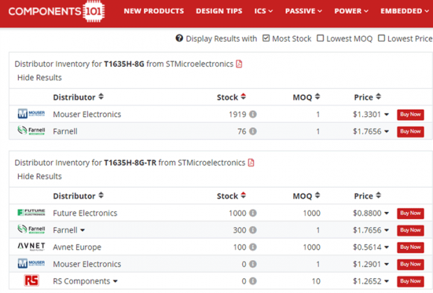 Price Comparison Search Engine on Components101