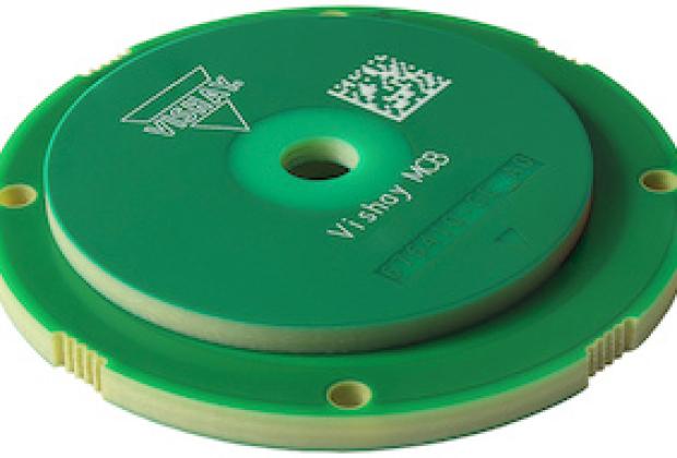 Vishay Intertechnology RAIK045I MP inductive position sensor encoder kit with a 45mm diameter, showing the rotor and stator…