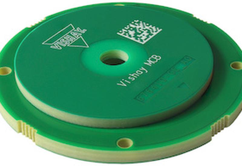 Vishay Intertechnology RAIK045I MP inductive position sensor encoder kit with a 45mm diameter, showing the rotor and stator…